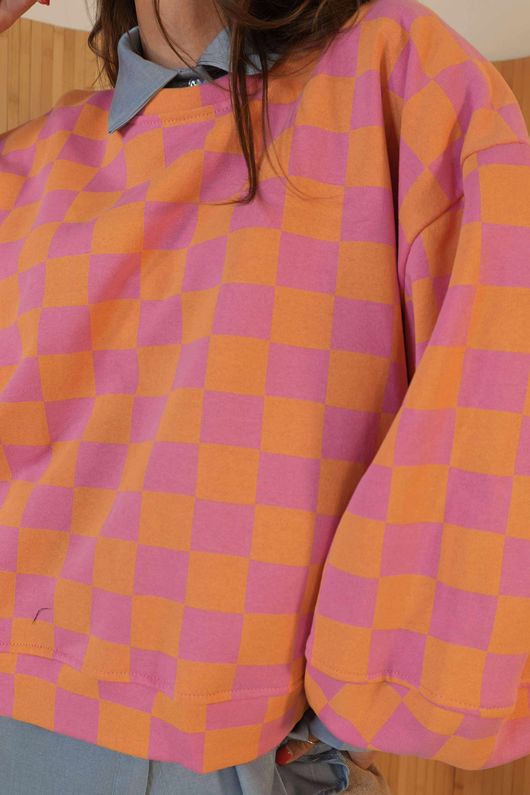 Check Mate Lantern Sleeve Sweat Aperol Pink